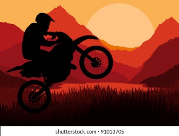 Motorbike rider in wild nature landscape background illustration