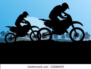 Motorbike riders motorcycle silhouettes in wild forest mountain nature landscape background illustration vector