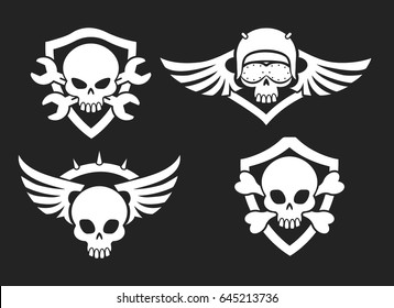 Motorbike riders skull signs. Vector biker club road symbols with skeleton skulls with wings and helmet