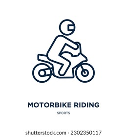 Motorradfahrer-Ikone aus der Sportsammlung. Dünne lineare Motorradfahrer, Motorrad, Umrisssymbol einzeln auf weißem Hintergrund. Reitschild, Symbol für das Web und für das mobile Motorrad