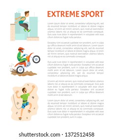 Motorbike riding and parkour vector, wall climber male wearing protective equipment, training person. Mountaineering and motorcycle biking poster