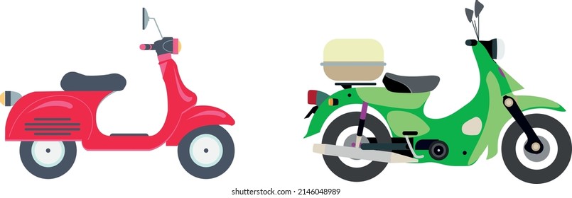 Motorbike set. Motorcycle and scooter, bike and chopper. Motocross and delivery retro and modern vehicles side view vector icons. Illustration scooter and motorcycle, chopper and sport bike
