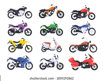 Motorbike set. Motorcycle and scooter, sport bike, enduro and chopper. Vector illustration