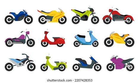 Motorbike set. Motorcycles and scooters, bikes and choppers. Speed race and delivery retro and modern vehicles. Motor transport detail sports road moto collection. Vector illustration