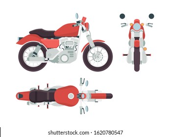 Motorbike side view. Cycle transportation freedom moto route vehicle styling 1950s vector flat pictures