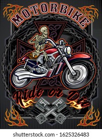 Motorbike and Skeleton Rider.  Vintage Biker Skull Emblem