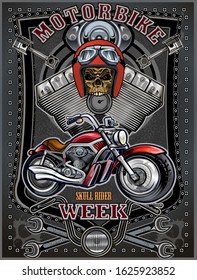 Motorbike and Skeleton Rider.  Vintage Biker Skull Emblem