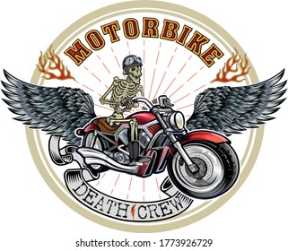 Motorbike and Skeleton Rider.  Vintage Biker Skull Emblem
