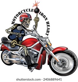 Motorbike and Skeleton Rider.  Vintage Biker Skull Emblem