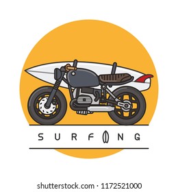 Motorbike with surfboard on white background