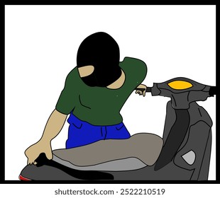 Motorraddieb in schwarzer Maske versucht, den Zündschlüssel des Motorrads mit Schraubenzieher zu entriegeln. Illustration Straßenkriminalität, Kriminalität und Menschen Konzept