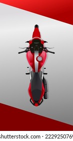 Motorbike top view. Motorcycle up scene. Motor bike flyer. Cycle parked garage aerial scenario. Vector illustration. 