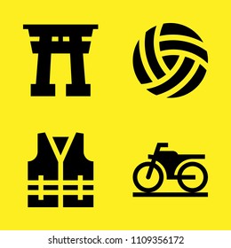 motorbike, torii gate, life vest and volleyball vector icon set. Sample icons set for web and graphic design