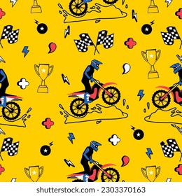 Motorbike truck  cartoon pattern design .motorcycle extreme pattern for kids clothing, printing, fabric ,cover.motorcycle extreme dirty seamless pattern.motorcycle extreme on yellow background.