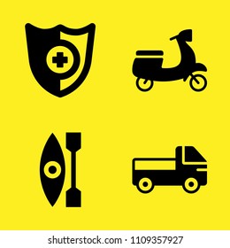 motorbike, truck, shield and kayak vector icon set. Sample icons set for web and graphic design