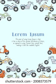 Motorbike - vertical card with text and vector color illustrations of motorcycle, bike, chopper, scooter and other transportation for graphic design