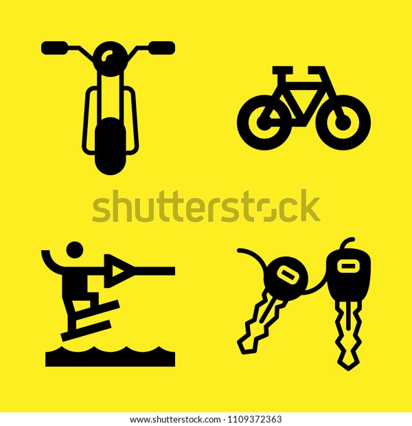 motorbike, water ski, bicycle\
and car key vector icon set. Sample icons set for web and graphic\
design
