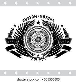 Motorbike wheel between wings and ribbon with round chain frame. Vintage motorcycle design isolated on white