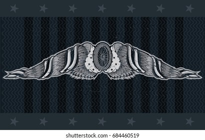Motorbike wheel between wings with USA flags. Vintage motorcycle design on blackboard