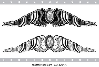 Motorbike wheel between wings with USA flags. Vintage motorcycle design isolated on white