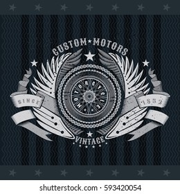 Motorbike wheel in center of wings and ribbon with round chain frame. Vintage motorcycle design