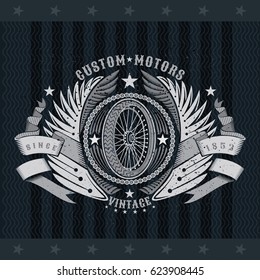 Motorbike wheel side view between wings and ribbon with round chain frame. Vintage motorcycle design isolated on white