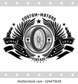 Motorbike wheel side view between wings and ribbon with round chain frame. Vintage motorcycle design isolated on white
