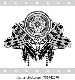 Motorbike wheel side view between crossed raced flags and indian feather. Vintage motorcycle design on white
