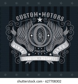 Motorbike wheel side view inside of round chain frame between wings and ribbon. Vintage motorcycle design on blackboard