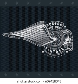 Motorbike wheel in side view with skulls and wing. Vintage motorcycle design on blackboard