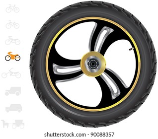 Motorbike wheels. The series of the detailed wheels of the different vehicles. In vector.