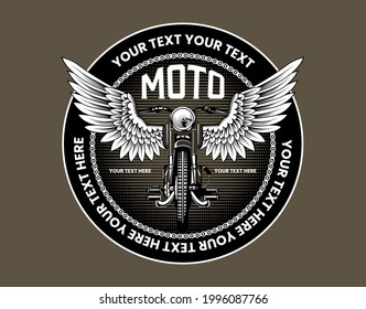 Motorbike with wings. Motorcycle club emblem template in retro style. Stock vector illustration.