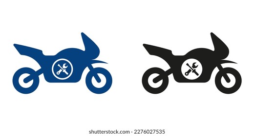 Taller de Motocicleta Conjunto de iconos de silueta. Centro de servicio para la reparación de motocicletas Pictograma. Motocicleta con llave, colección de símbolos de mantenimiento sobre fondo blanco. Ilustración de vectores aislados.