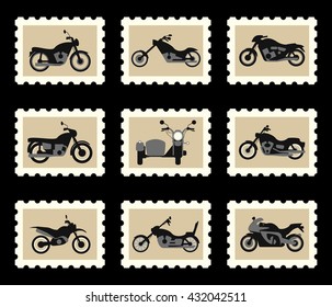 Motorbikes chopper motocross and motorcycle with sidecar