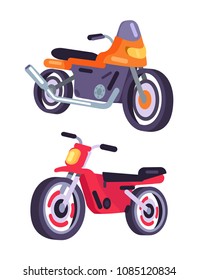 Motorbikes isolated on white background, vector illustration of modern motorized bikes, sportive motocycles with tube, red and orange color