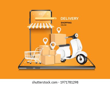 Motorbikes or scooters park next to parcel boxes and shopping carts to deliver products to customers from their online purchases,vector 3d isolated for shopping online and delivery concept design