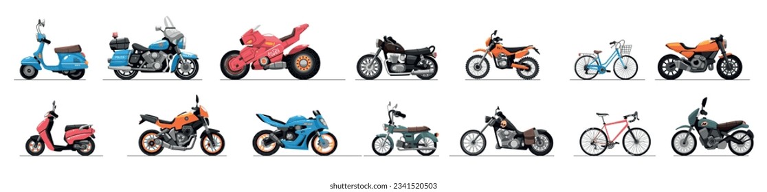 Motorbikes set. Moto transport, motorcycle delivery, motor cycle for motocross, bicycle activity, engine. Modern vehicles, scooters, bikes and choppers. Vector cartoon flat isolated illustration