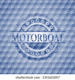 Motorboat blue emblem or badge with geometric pattern background.