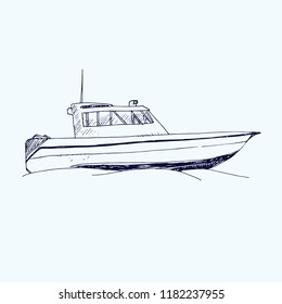 Motorboat, hand drawn doodle, sketch, black and white vector illustration