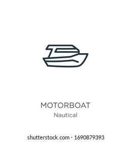 Motorboat icon. Thin linear motorboat outline icon isolated on white background from nautical collection. Line vector sign, symbol for web and mobile