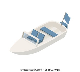 Motorboat isometric vector illustration. Marine transportation clipart isolated on white background. Speedboat vessel drawing. Modern 3D watercraft icon. Water sports and recreation