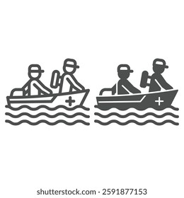 Motorboat with lifeguard team line and solid icon, human rescue concept. Vector graphics. Boat with rescuers, paramedic sign on white background, outline style icon for mobile or web design