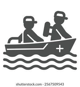 Motorboat with lifeguard team solid icon, human rescue concept. Vector graphics. Boat with rescuers, paramedic sign on white background, glyph style icon for mobile or web design