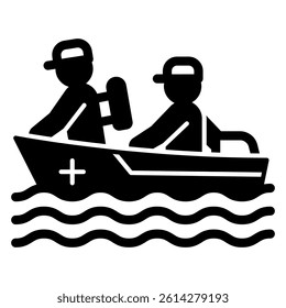 Motorboat with lifeguard team solid icon, human rescue concept. Vector graphics. Boat with rescuers, paramedic sign on white background, glyph style mobile or design