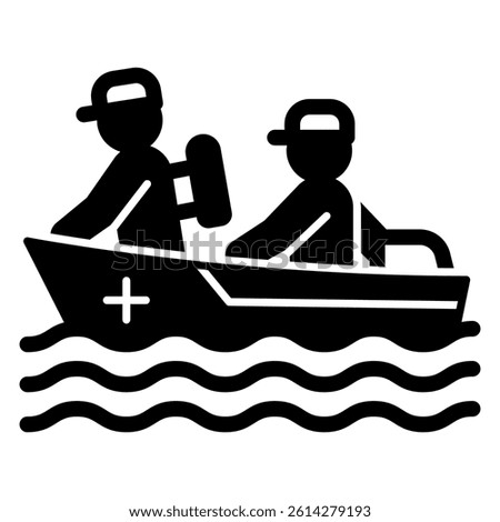 Motorboat with lifeguard team solid icon, human rescue concept. Vector graphics. Boat with rescuers, paramedic sign on white background, glyph style mobile or design