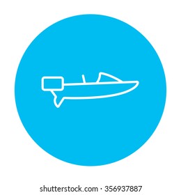 Motorboat line icon for web, mobile and infographics. Vector white icon on the light blue circle isolated on white background.