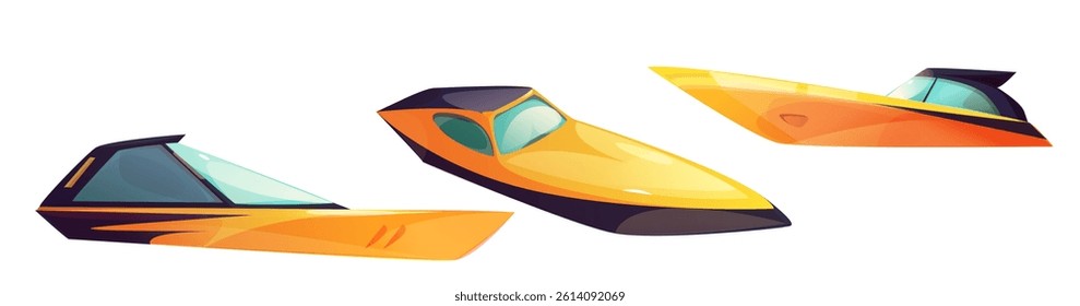 Motorboat modern vehicle set, bright colorful luxury power speedboat collection. High speed water transport, recreational marine vessels with tinted glass windows for summer traveling design.
