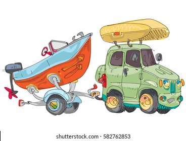 A motorboat on trailer attached to SUV car. Cartoon.