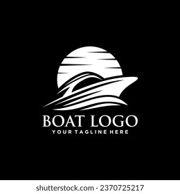 Motorboat on water at sunset minimalist black and white vector logo design