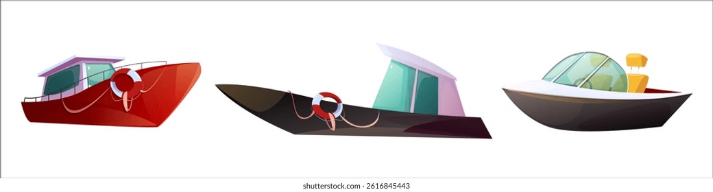 Motorboat speedboat vector set, cartoon water transport. Red cabin cruiser, black sports boat, colorful yacht. Lifebuoy decoration, stylized portholes and sleek futuristic shapes for summer recreation